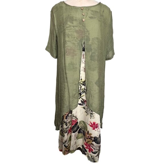 Cream Floral Green Duster Sheath Midi Dress 3XL Country Church Office - Picture 1 of 13